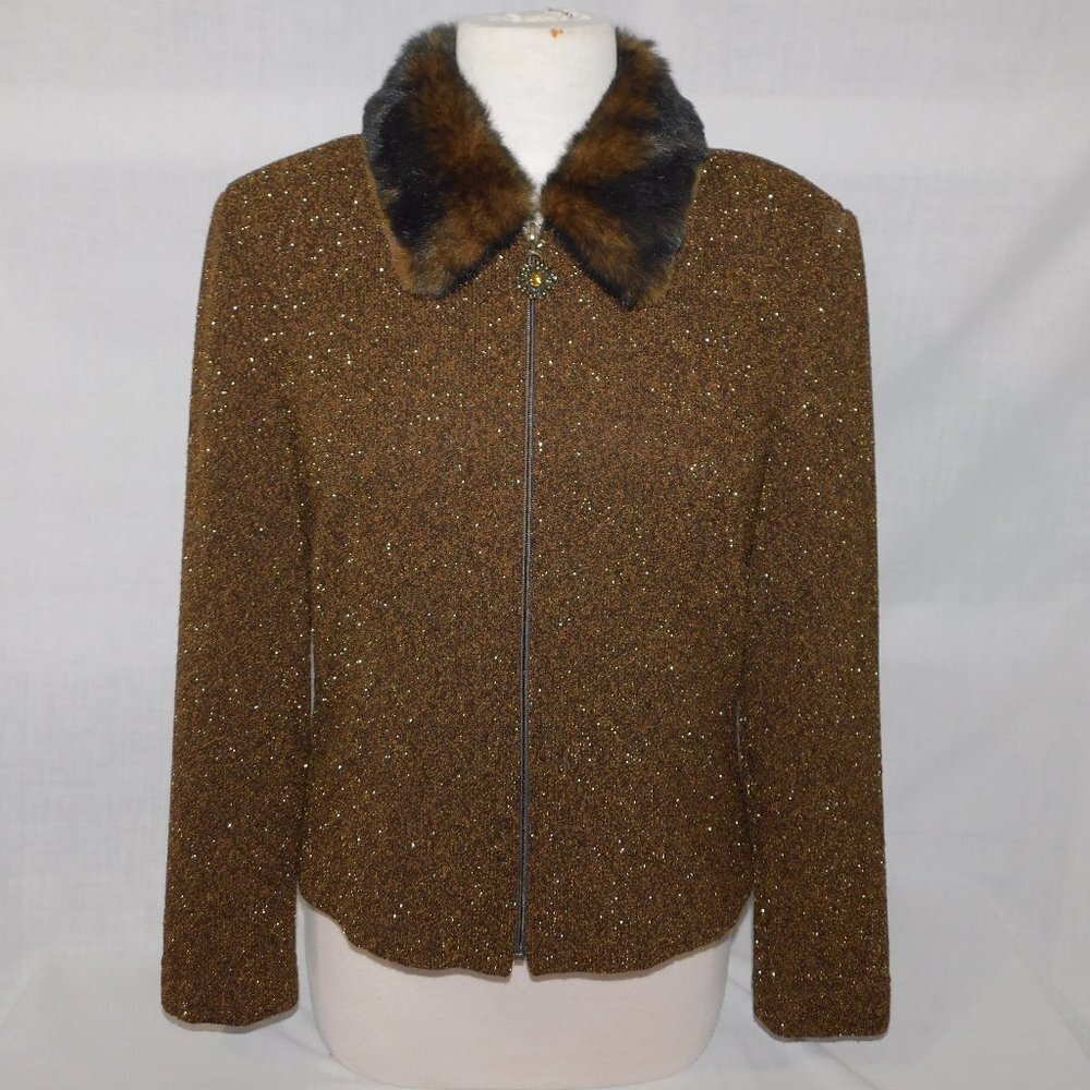 Joseph Ribkoff Brown Sparkle Full Zip Jacket Blazer Faux Fur Collar Womens 10